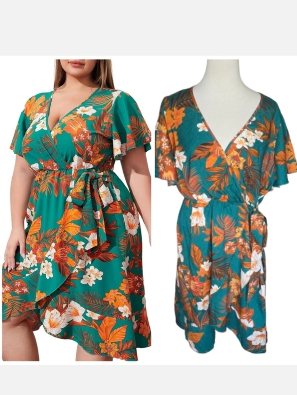 Hawaiian Floral Faux Wrap Dress in Teal Green and Orange Women's Plus Size XXL
